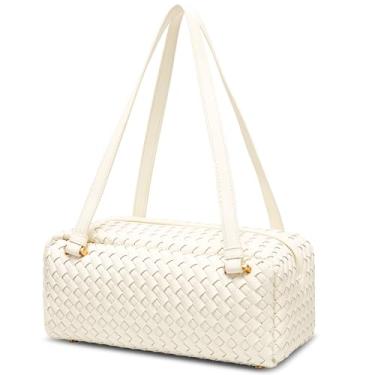 Imagem de Sumrains Bolsa de tecido de couro legítimo: Bolsa feminina estilo barril - Bolsa de designer - Bolsa Hobo moderna para lazer, 02 Branco, Medium