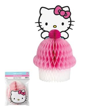 Imagem de Peça central de favo de mel da Sanrio Hello Kitty - 15,9 cm x 26 cm (1 peça) - Favo de mel de tecido com enfeite de personagem; decoração de mesa pop-up - perfeita para aniversários, mesas de
