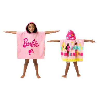 Imagem de Franco Barbie Kids Poncho toalha com capuz de praia/piscina/banho/acampamento 61 cm x 55,88 cm, saída de algodão absorvente, (produto 100% oficial licenciado pela Barbie), grande