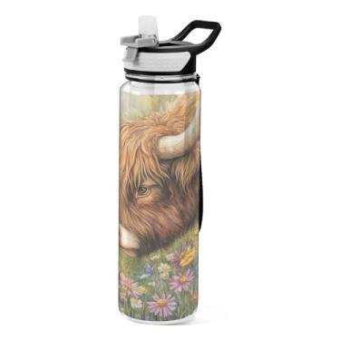 Imagem de ATTX Garrafa de água Highland Cow, 946 ml, à prova de vazamento e livre de BPA, garrafas de água reutilizáveis de plástico Tritan para viagens, academia, corrida, fitness #170