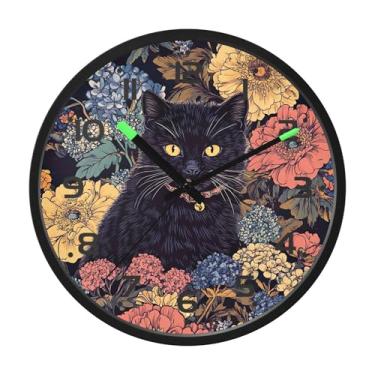 Imagem de SEHANY Relógio de parede engraçado de gato preto silencioso sem tique-taque, relógio redondo operado por bateria 30,5 cm, controle de som, luz noturna, relógios de parede para sala de estar, cozinha