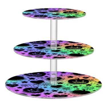 Imagem de Blueangle Suporte redondo de cupcake de 3 camadas – Torre de sobremesa acrílica de abóbora gradiente arco-íris, suporte de sobremesa em camadas antiderrapante para chá de bebê, aniversário, festa de