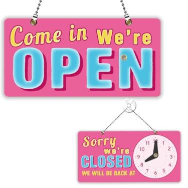 Imagem de PLIGREAT Caracteres 3D rosa placa aberta fechada dupla face placa aberta com relógio Sorry We Are Closed Signs for Business Retail Store Window Wall Decor Sinais de porta pendurada com corrente, rosa