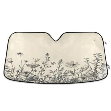 Imagem de ATTX Guarda-sol para para-brisas de carro Ervas e flores silvestres 134.6 cm x 59.7 cm Protetor solar universal com proteção UV, persiana de janela frontal automática dobrável para Sedans SUVs