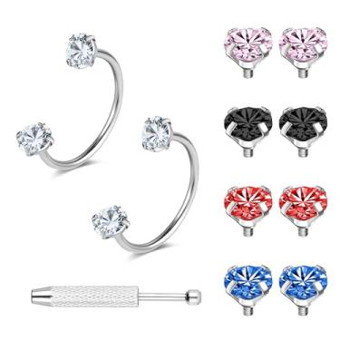 Imagem de 6ixGosh Anéis de nariz em ferradura de 18 g, argola de aço cirúrgico, meia cartilagem, tragus, argola, multicolorida, alternativa, zircônia cúbica, piercing de septo, joia, Aço inoxidável, Zircônia