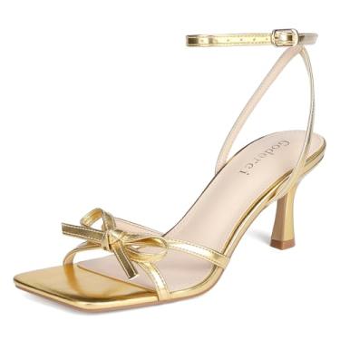 Imagem de Goderci Sandálias femininas de salto médio com salto curto e laço de salto médio, Dourado, 40
