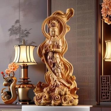 Imagem de FENNYYAR Estátua de Buda Guanyin cruzando o mar de madeira, 16 cm 16 cm, decoração Feng Shui para sala de estar em casa
