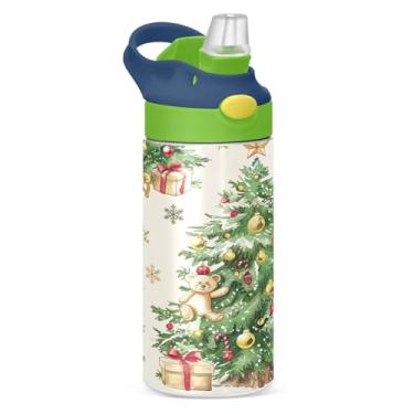 Imagem de YETTASBIN Garrafa de água de árvore de Natal para crianças, 340 g, à prova de vazamento, parede dupla, isolada, copo de viagem com tampa de canudo para meninas, meninos e crianças