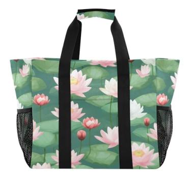 Imagem de Wassud Sacolas de compras reutilizáveis Lotus grande bolsa organizadora de lona impermeável para praia, piquenique, lavanderia, viagem