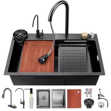 Imagem de Pia de cozinha de estação de trabalho com torneira 3 em 1 de tigela dupla, conjunto de bacia de aço inoxidável, lavadora de panela de pressão, tábua de corte, cesta de drenagem e mais acessórios