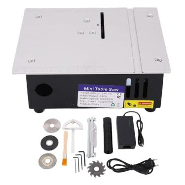 Imagem de Serra de mesa elétrica portátil, 4 lâminas, escova, tubo de poeira, ferramenta multifuncional para carpintaria para artesanato, fabricação de modelos, decorações, liga de alumínio (Plugue UE)