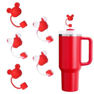 Imagem de SEEZIZI 5 peças de tampas de palha de urso compatíveis com copos Stanley de 30 e 1,134 g, tampas de silicone reutilizáveis e fofas para canudos StanleyCups de 10 mm Acessórios - vermelho e branco