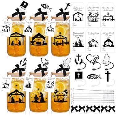 Imagem de Vesici 6 peças de copos de Natal de 473 ml, copos de vidro do presépio com tampa canudo e rolha em forma de lata copo de cerveja presentes de agradecimento com cartões e laço para mulheres festa de