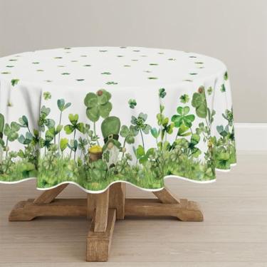 Imagem de Horaldaily Toalha de mesa redonda para Dia de São Patrício, 228 cm x 234 cm, verde, gnomo, gramado, aquarela, lavável, sazonal, para decoração de festa, piquenique, jantar