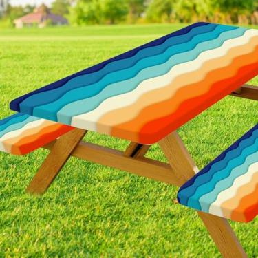 Imagem de Toalha de mesa de piquenique com capas de banco, essencial para acampamento, impermeável, à prova de vento, com bolsa de cordão, mesas e assentos retangulares ajustados, 183 cm, conjunto de 3 peças