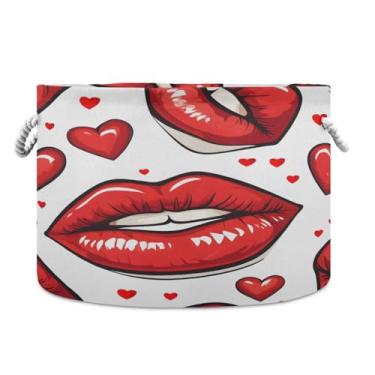 Imagem de JUZIHAI Lábios vermelhos grande cesto de roupa suja dobrável à prova d'água com alças de corda de algodão para organização doméstica no quarto, banheiro e carro