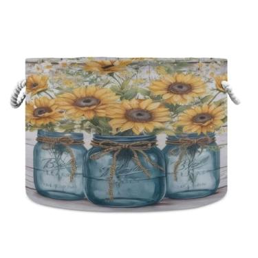 Imagem de JUZIHAI Cesta de armazenamento dobrável de girassol para bebê, cesto de roupa suja, cobertor com alças de corda de algodão, caixa organizadora de armário dobrável para quarto, berçário, casa, 50 x 35