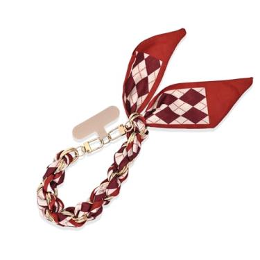 Imagem de Fycyko Alça de pulso para telefone com lenço de metal dourado e aba universal, corrente de fita de design de impressão estética, acessórios multiuso para chave de bolsa celular para homens, mulheres e