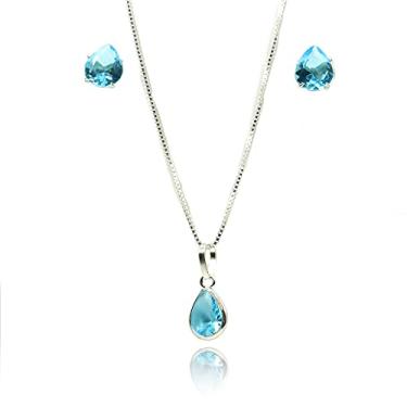 Imagem de Colar e Brinco Gota Azul Pedra Zirconia Prata 925
