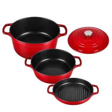Imagem de Panelas de Ferro Fundido com Tampa – Conjunto 3 Peças para Cozinha Profissional e Doméstica (Vermelho)