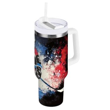 Imagem de ODAWA Copo grande à prova de vazamento, copo preto com isolamento duplo para jogador de hóquei com alça e tampa de canudo