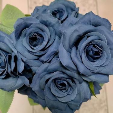 Imagem de Rosa de Diamante Artificial com 9 Flores Grandes – Buquê de Seda para Casamento e Decoração(3,Azul Escuro)