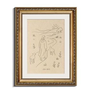 Imagem de InSimSea Arte de parede em tela emoldurada dourada decoração minimalista Christin Jesus e cordeiro impressões de arte decoração de casa para quarto, sala de estar, igreja, escritório, 35 x 28 cm