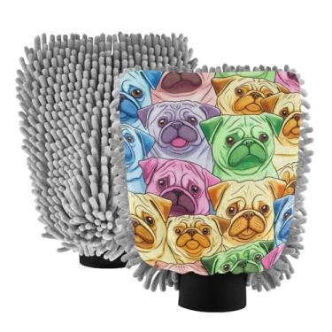 Imagem de ODAWA Pacote com 2 luvas de limpeza de carro de microfibra de chenille com desenho colorido, luva grande de microfibra para lavagem de carro 18 x 26 cm