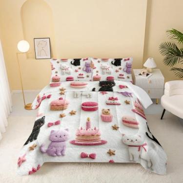 Imagem de QOOMO Jogo de cama kawaii, com desenho de gato, bolo de desenho queen, para decoração de quarto de meninos e meninas, branco, microfibra leve, 1 edredom e 2 fronhas