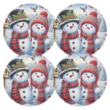 Imagem de Jogo americano redondo de boneco de neve de Natal de inverno, 38 cm, tapete de mesa de jantar, tapetes laváveis de PVC, conjunto de 4