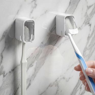 Imagem de 2 peças de suporte de escova de dentes montado na parede com capa suporte de escova de dentes de parede de slot único para chuveiro escovas de dentes elétricas armazenamento de viagem em casa (branco)