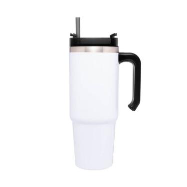 Imagem de Copo Térmico Aço Inox Branco Slimterm C/Parede Dupla, Alça, Tampa e Canudo Plástico Cinza 890ml Wolff