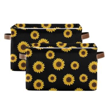 Imagem de Organizador de armário de tecido de lona – caixa de armazenamento quadrada dobrável dobrável para banheiro, roupas, amarelo, girassol, preto, pacote com 2