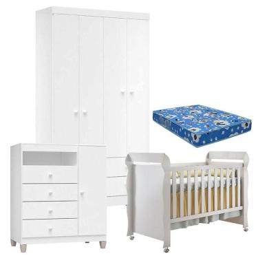 Imagem de Quarto De Bebê 4 Portas Ternura Baby Com Berço Mirelle Branco Brilho Com Colchão Para Berço Americano - Incorplac