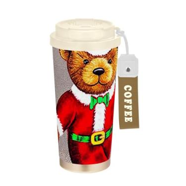 Imagem de TSENQUE Copo de café de 473 ml com tampa de canudo e filp, copo de parede dupla isolado a vácuo com revestimento cerâmico, ursinho de pelúcia fofo de Natal