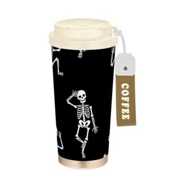 Imagem de TSENQUE Caneca de café de viagem de 473 ml, copo de caneca de café com revestimento cerâmico com tampa e canudo, copo isolado a vácuo de aço inoxidável, esqueletos brancos divertidos pretos