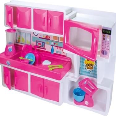 Imagem de Cozinha Infantil de, Rosa com Branca, Plástico, 64x15x83cm, com Micro-ondas, Pia, Liquidificador, Batedeira, Utensílios, 3+ Anos