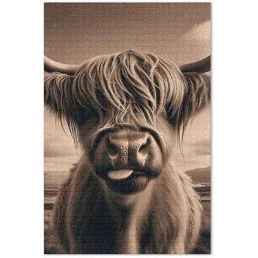 Imagem de Quebra-cabeça de vaca Highland com 1000 peças para adultos, engraçado, cena, outono, família, brinquedo, arte, 75 x 40 cm