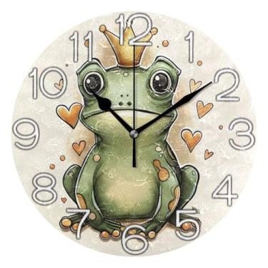 Imagem de GAIGEO Relógio de parede analógico decorativo funky alimentado por bateria relógio de cozinha fofo, arte de parede boho decoração de casa, desenho animado de sapo verde fofo, 25 cm, ponteiros pretos