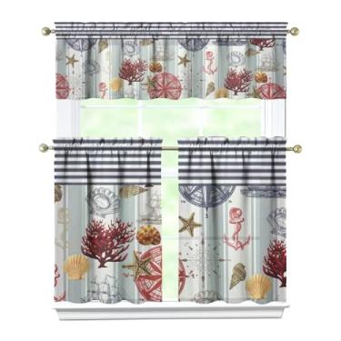 Imagem de Tapesb Conjunto de cortina e saia de cozinha estrela do mar com 3 peças engraçadas pequenas cortinas de janela sobre a pia essenciais para decoração de cozinha, quarto, lavanderia, 70 x 91 cm