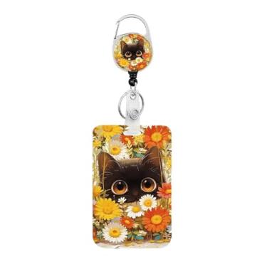 Imagem de Porta-crachá de identificação floral branco gato preto flor vermelha com clipe carretel retrátil resistente, chaveiro, cartão de identificação para mulheres, professores, enfermeiros, médicos