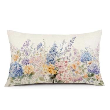 Imagem de MIGEEN Capa de almofada de hortênsia primavera 30 × 50 cm capa de almofada de hortênsia decoração de flor azul para verão ao ar livre decoração de casa de fazenda fronhas para casa sala de estar sofá