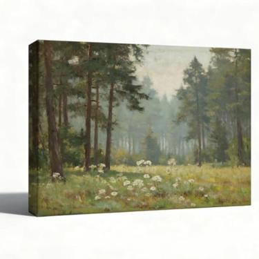 Imagem de Arte de parede de paisagem floral, pintura a óleo em tela, paisagem de prado floresta, árvores verdes e flores silvestres brancas, decoração de parede rústica de casa de fazenda para sala de estar