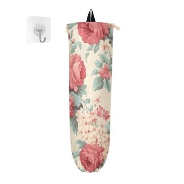 Imagem de Suporte de sacola de compras vintage floral rosa e bege, organizador de armazenamento de plástico para cozinha, suporte de sacola de compras para sacolas plásticas