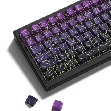 Imagem de dagaladoo Teclas topográficas linhas retroiluminadas gradiente roxo brilho através do teclado teclas impressas laterais cereja perfil conjunto de teclas para teclados mecânicos 61/64/66/68/71/75/84/87
