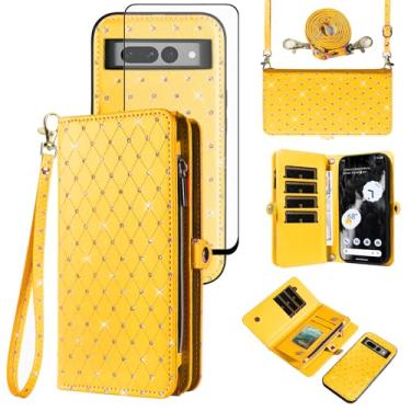 Imagem de Capa de celular para Google Pixel 7 Pro 5G com zíper carteira destacável com película de vidro temperado, alça flip com glitter, compartimento para cartão Pixel7Pro Pixel7 XL Seven 7Pro 6.7 feminino