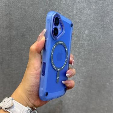 Imagem de Capa magnética fosca para iPhone 16, 15, 14, 13, 12, 11 Pro Max Plus, capa de lente de metal à prova de choque com airbag e cordão de pulso, azul, para iPhone 11 ProMax
