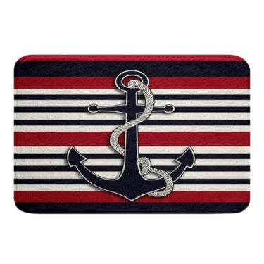 Imagem de Decoração de âncora tapetes Btah para banheira de chuveiro tapetes de banheiro com tema náutico oceano para aventura marítima costeira edredom navegação azul vermelho listra capa 50 x 81 cm
