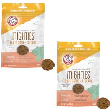 Imagem de Arm & Hammer Para animais de estimação Mighties da TREADZ, petiscos dentários para cães com bicarbonato de sódio e cálcio, ajudam a combater o mau hálito, placa bacteriana e tártaro, menta, formato de