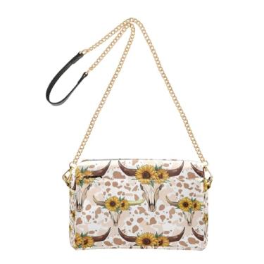 Imagem de Joitme Bolsas transversais para mulheres, bolsa de telefone fofas caveiras de vaca girassóis couro PU bolsa de ombro alça de corrente